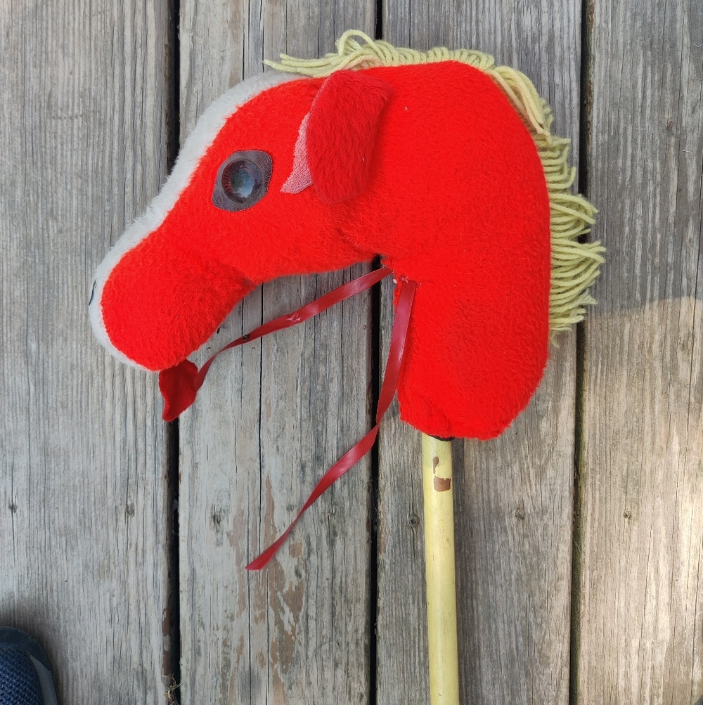 70s Hobby Horse Wooden Stick Red Plush Yellow Yarn Mane Pony Riding Toy Handmade